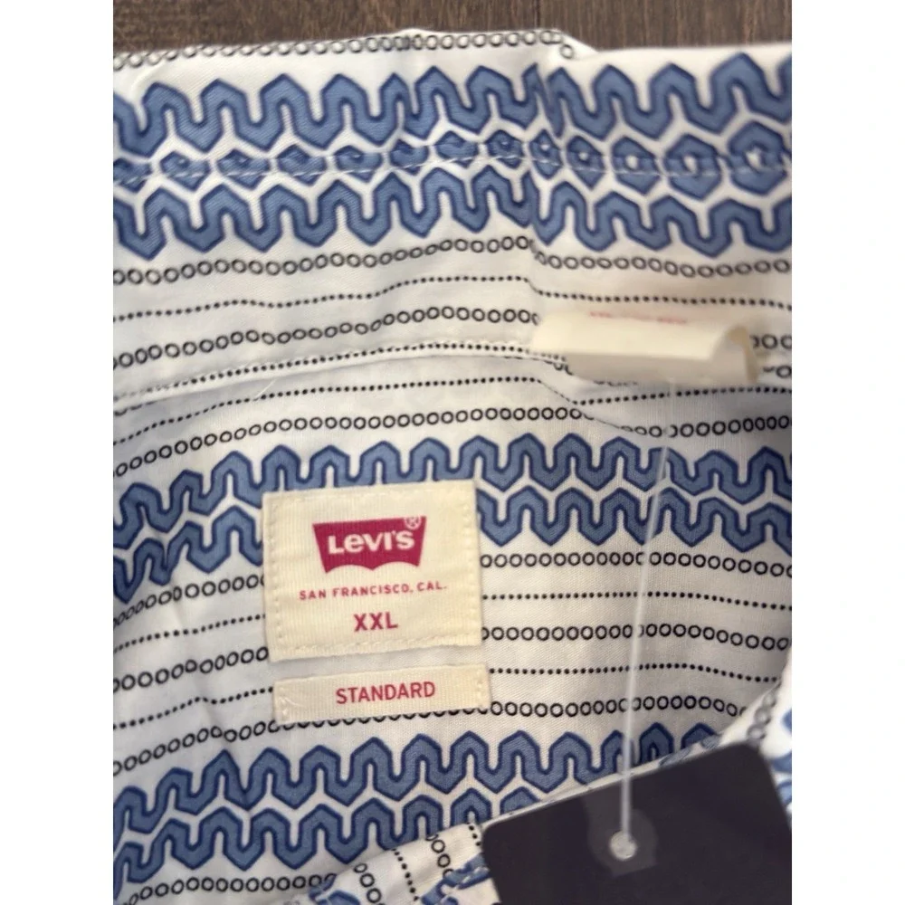 NWT Levis Western Standard Fit Long Sleeve Pearl Snap Shirt Wave Print Blue 2XL